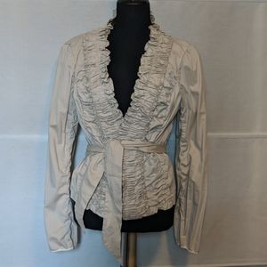 London Jean Chino Stretch Ruffle Belted Jacket
